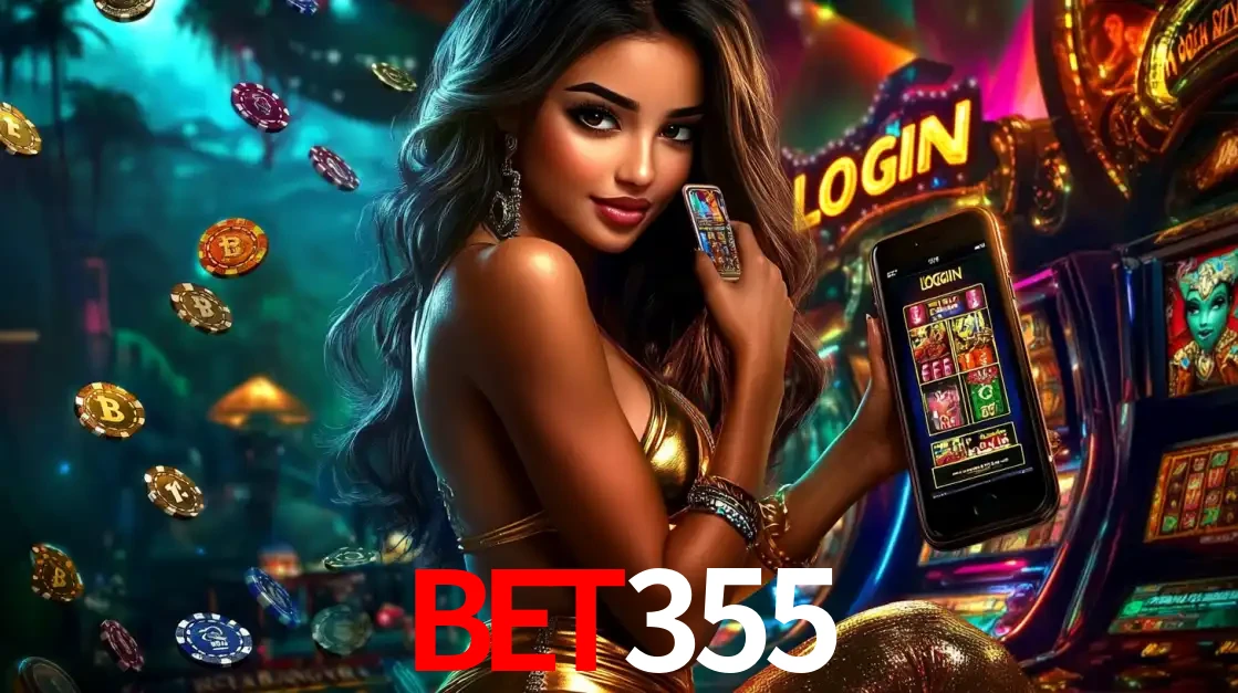 Mulher em um cenário de cassino temático de aventura, mostrando o app de caça-níqueis da BET355 no celular. Fichas de apostas flutuam ao redor.