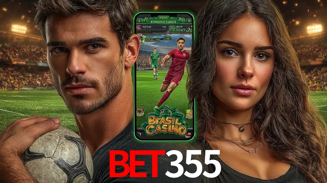 Homem segurando uma bola de futebol e uma mulher ao lado de um smartphone exibindo o jogo de apostas esportivas da BET355. Faça seu palpite no cassino online.
